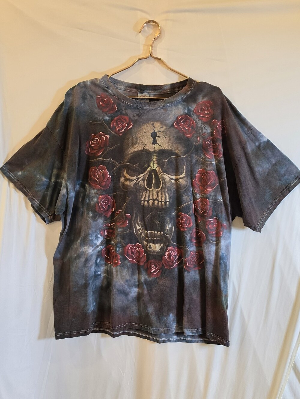 Vintage Y2K Delta Magnum Weight Skull Rose Tie Dye Graphic Tee Shirt 2XL
